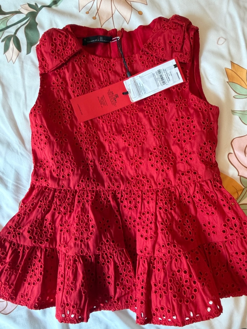 Carolina Herrera Bright Red Eyelet Tiered Cotton Dress